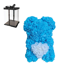 Rose Bear with Blue Roses & White Heart – 25 cm – Gift Box