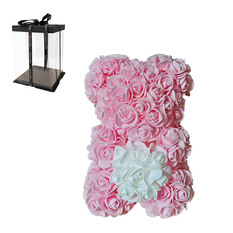 Rose Bear 25cm – Pink Roses Teddy with White Heart in Luxury Gift Box
