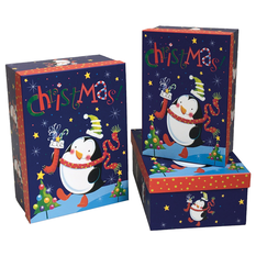 Christmas Gift Packaging Box – Set of 3 with Penguin Design