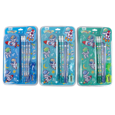 Space Travel Pencil Set – 4 Pencils 2B with Eraser, Sharpener, Case & Grip (3 Colors)