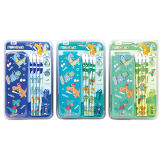 Dinosaur Pencil Set – 4 Pencils 2B with Eraser, Sharpener, Case & Grip (3 Colors)