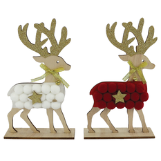 Wooden Christmas Reindeer Decoration with Pom-Poms – 24cm (2 Colors)