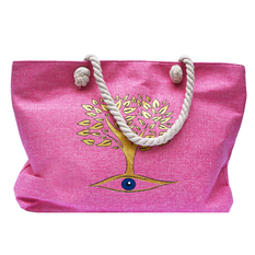 Pink Beach Bag with Tree & Eye Design