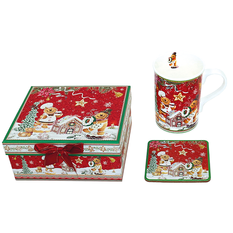 Gift Set Mug with Coaster in Box – Christmas Gingerbread Design, 300ml
