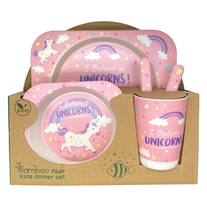 Kids Bamboo Dinner Set – 5 Pieces – Pink Unicorn Design “I Believe in Unicorns”