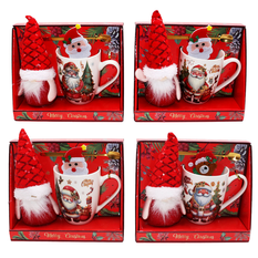 Gift set with mug, spoon, plush toy & Santa hat decoration – 4 designs, 9x8.5cm