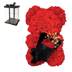 Rose Bear Made of Red Roses with Bouquet in Gift Box – 25cm
