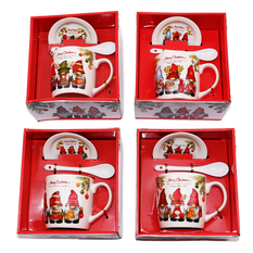 Gift Mug with Spoon and Plate in 4 Festive Designs – 9x8.5cm