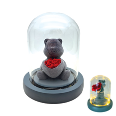 Decorative Teddy Bear with Glass Dome, Light & Forever Rose 13×11cm