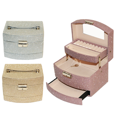 Glitter Multi Layer Jewelry Box with Mirror 16x13x13cm Silver, Gold, Pink
