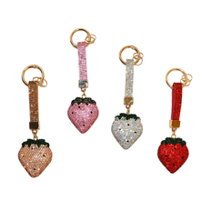 Strawberry Keychain with Rhinestones and Metal Ring