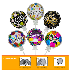 Self-Inflating Round Foil Birthday Balloon with Stick 15cm