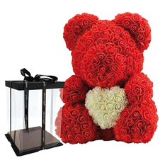Rose Bear 25 / 40cm – Red Roses with White Heart in Luxury Gift Box