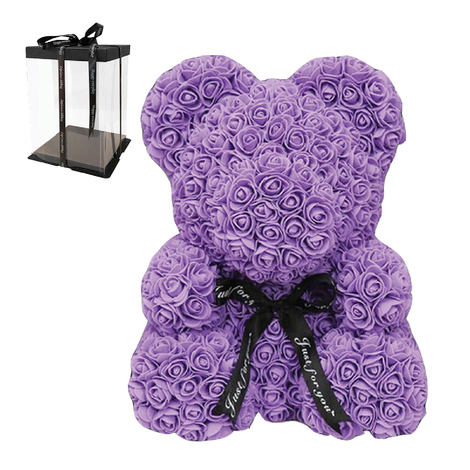 Rose Bear from Purple Roses with Ribbon – 25 / 40cm – Gift Box
