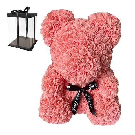 Rose Bear from Peach Roses with Ribbon – 25 / 40cm – Gift Box