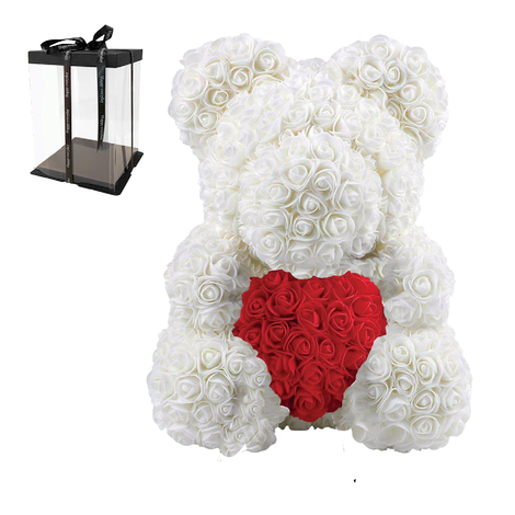 Rose Bear 25 / 40cm – White Roses with Red Heart in Luxury Gift Box