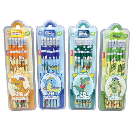 Set of 12 Dinosaur Pencils 2B with Eraser & Sharpener
