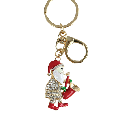 Christmas Metal Keychain – Santa Claus with Saxophone and Rhinestones