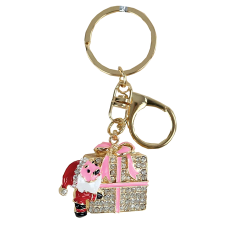 Christmas Metal Keychain – Gift Box with Santa Claus and Rhinestones