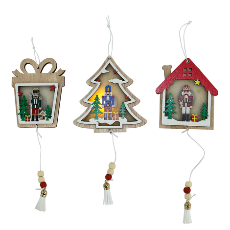 Wooden Christmas Hanging LED Ornament Nutcracker (3 Designs) – 11cm