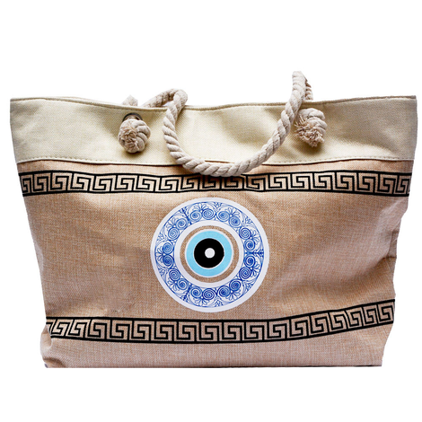 Beige Beach Bag with Evil Eye Design