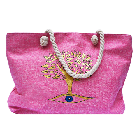 Pink Beach Bag with Tree & Eye Design