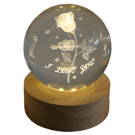 Glass Globe with Light and Engraving “Rose – I Love You” – 8cm (Battery Operated)