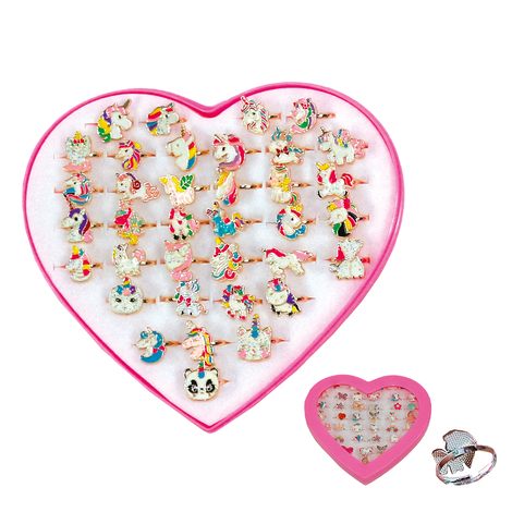 Children’s Unicorn Rings in Heart Box – Set of 36 Pieces