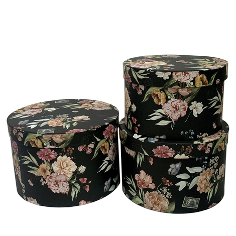 Packaging Box Set of 3 – Black Floral Design – 24.3x16cm / 22.5x14.5cm / 20.5x13cm