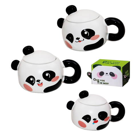 Panda mug with spoon and lid in gift box 3 designs 500ml