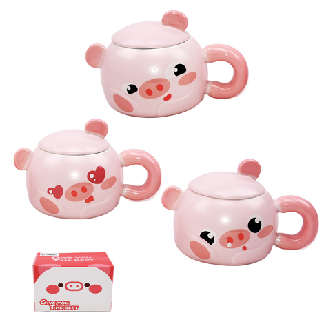 Pig mug with spoon and lid in gift box 3 designs 500ml