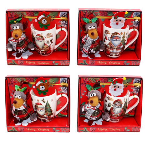 Gift set with plush toy, decorative figure & mug with spoon – 4 designs, 9x8.5cm