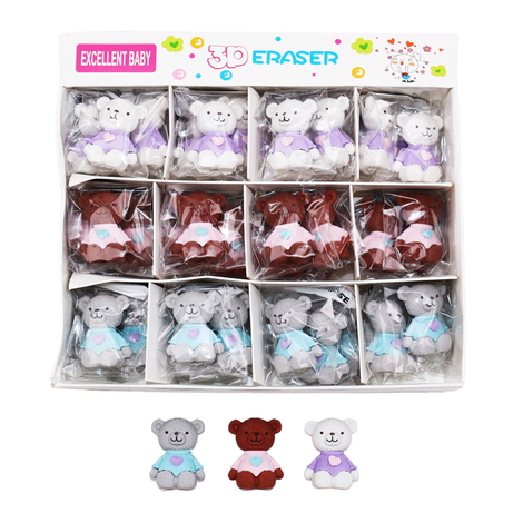 Bear-shaped eraser in 3 colors – Pack of 48 pieces