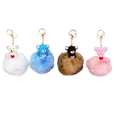 Bear Keychain with Fluffy Pom-Pom & Heart in 4 Colors – Pack of 4