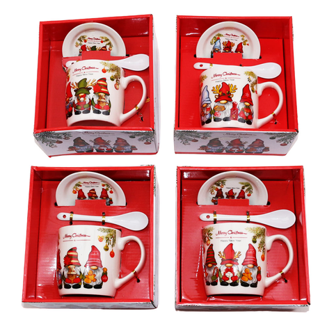 Gift Mug with Spoon and Plate in 4 Festive Designs – 9x8.5cm