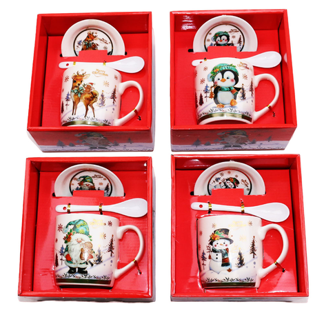 Gift Mug with Spoon and Plate in 4 Christmas Animal Designs – 9x8.5cm