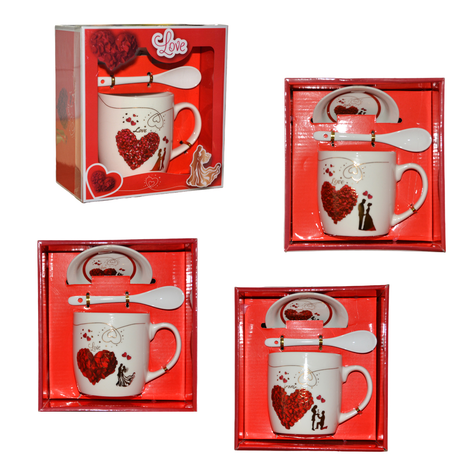 LOVE Mug Gift Set with Saucer & Spoon – Couple Design – 9×8.5 cm 