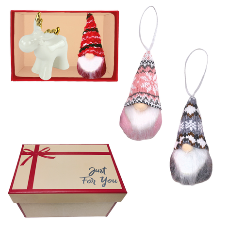 Gift Set: Decorative Reindeer + Santa Figurine (3 Designs) in Gift Box