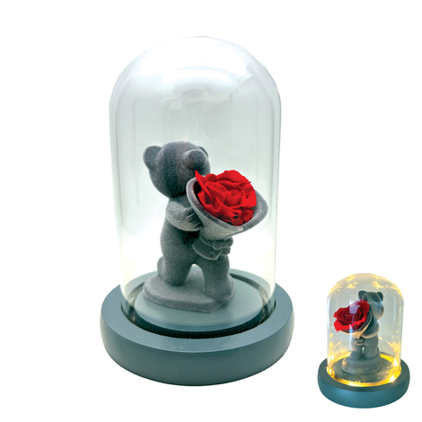 Decorative Teddy Bear with Glass Dome, Light & Forever Rose 16×11cm