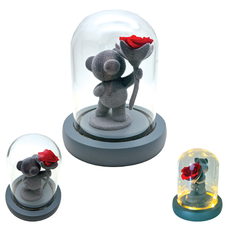 Decorative Teddy Bear with Glass Dome, Light & Forever Rose 15.5×11cm