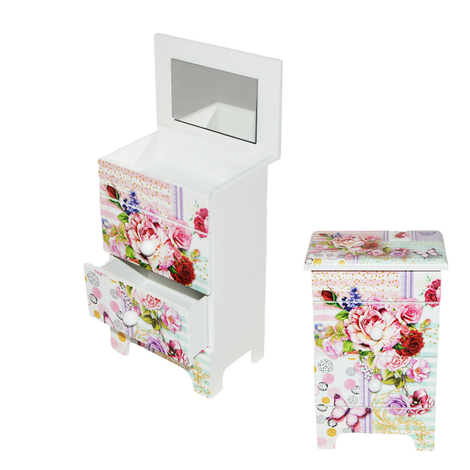 Wooden Floral Jewelry Box with Mirror and Drawers 18.5x11.5x7.5cm