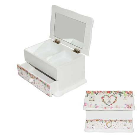 Wooden Jewellery Box with Mirror and Drawer Floral Heart 17.5x11.5x9.5cm