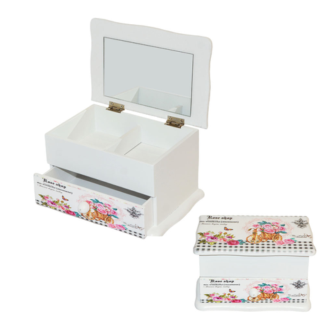 Wooden Jewellery Box with Mirror and Drawer Floral Bicycle 17.5x11.5x9.5cm