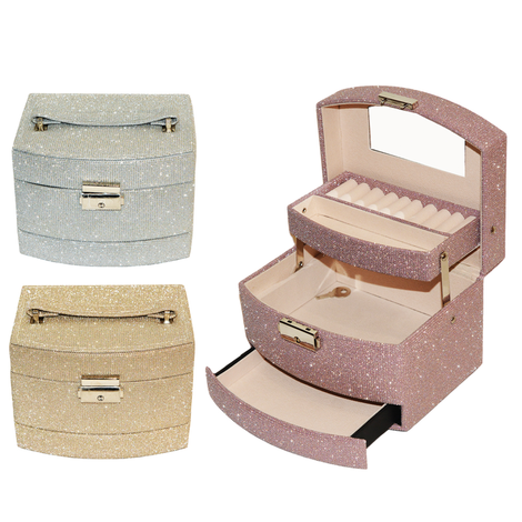 Glitter Multi Layer Jewelry Box with Mirror 16x13x13cm Silver, Gold, Pink