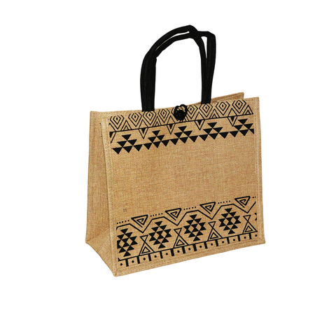 Fabric tote bag with ethnic geometric print & button closure 34×30×17cm