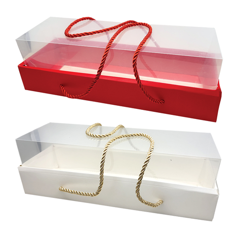 Gift Box with Clear Lid and Rope Handle Red or White 32x11x9.5cm 