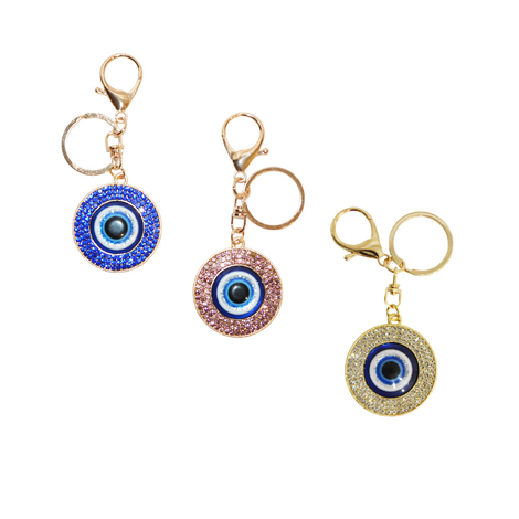Round Evil Eye Keychain with Rhinestones and Ring