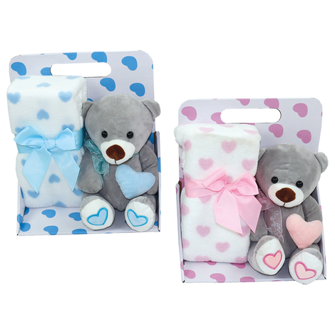 30cm Plush Teddy Bear with 90x75cm Blanket – Pink & Light Blue Baby Gift Set