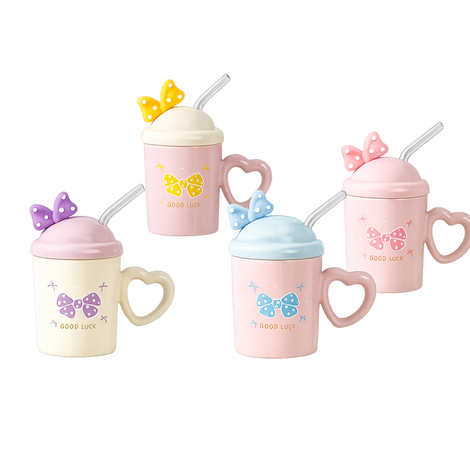 Ceramic Bow Mug with Lid and Straw 330ml 