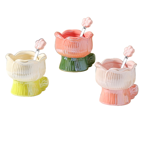 Ceramic Flower Mug with Spoon 330ml 10x9cm 